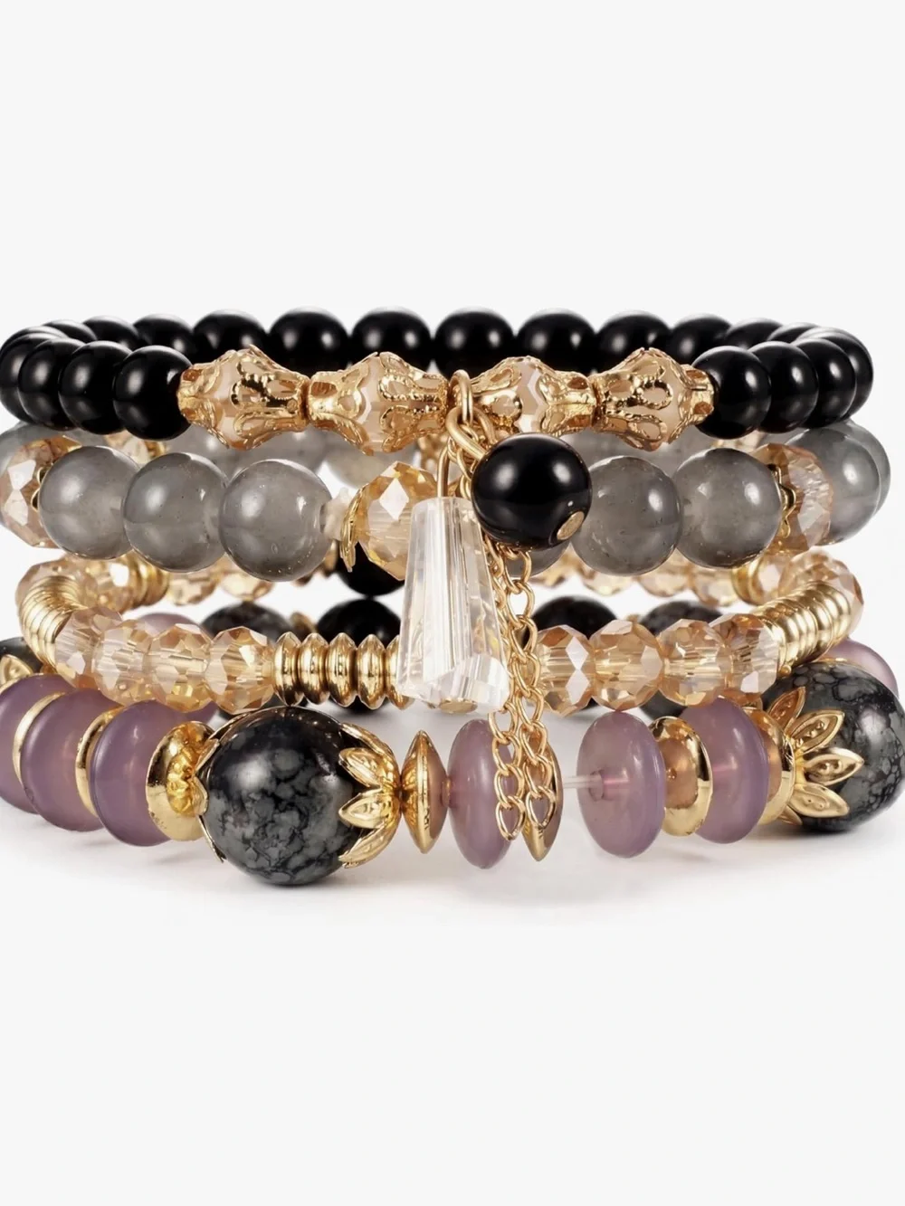 Anthropologie Gold, Gray, Black and Mauve Stacked Beaded Bracelet Set